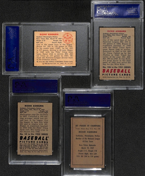 Richie Ashburn Graded Lot - 1950 Bowman PSA 6, 1951 Bowman PSA 6, 1952 Bowman PSA 5, 1952 Berk Ross PSA 4 