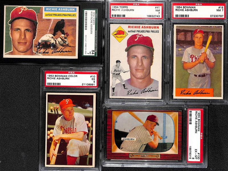 Richie Ashburn Graded Lot - 1953 Bowman PSA 5, 1954 Topps PSA 7, 1954 Bowman PSA 7, 1955 Bowman PSA 6, 1956 SGC 7