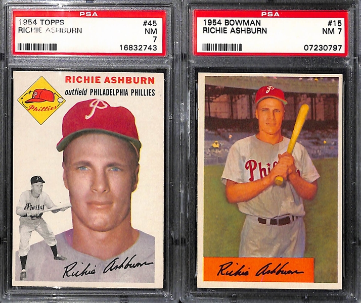 Richie Ashburn Graded Lot - 1953 Bowman PSA 5, 1954 Topps PSA 7, 1954 Bowman PSA 7, 1955 Bowman PSA 6, 1956 SGC 7