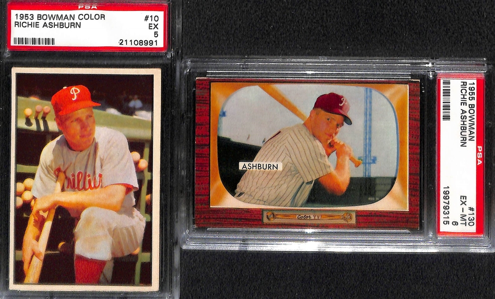 Richie Ashburn Graded Lot - 1953 Bowman PSA 5, 1954 Topps PSA 7, 1954 Bowman PSA 7, 1955 Bowman PSA 6, 1956 SGC 7