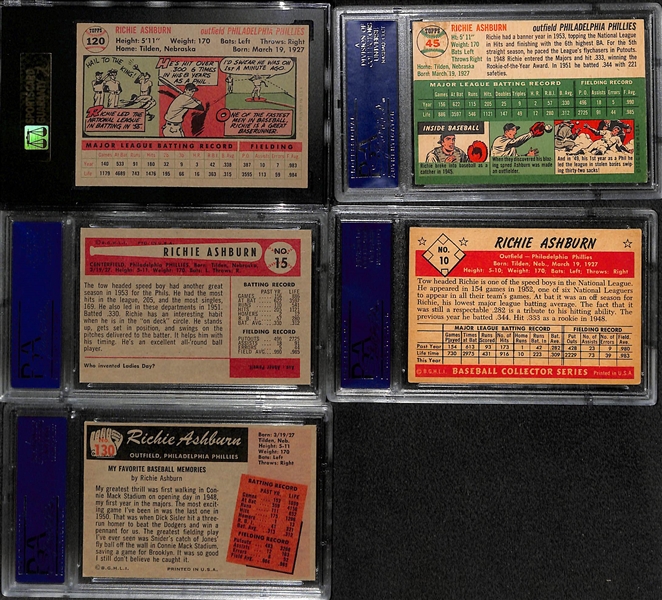 Richie Ashburn Graded Lot - 1953 Bowman PSA 5, 1954 Topps PSA 7, 1954 Bowman PSA 7, 1955 Bowman PSA 6, 1956 SGC 7