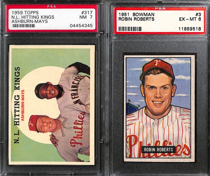 8-Card Richie Ashburn and Robin Roberts Graded Cards w. 1959 Ashburn/Mays PSA 7 and 1951 Bowman Roberts PSA 6