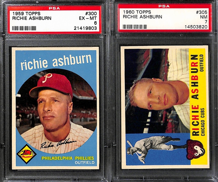 8-Card Richie Ashburn and Robin Roberts Graded Cards w. 1959 Ashburn/Mays PSA 7 and 1951 Bowman Roberts PSA 6