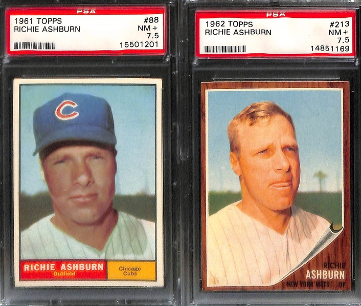 8-Card Richie Ashburn and Robin Roberts Graded Cards w. 1959 Ashburn/Mays PSA 7 and 1951 Bowman Roberts PSA 6