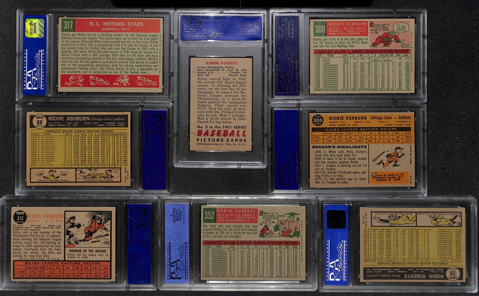 8-Card Richie Ashburn and Robin Roberts Graded Cards w. 1959 Ashburn/Mays PSA 7 and 1951 Bowman Roberts PSA 6