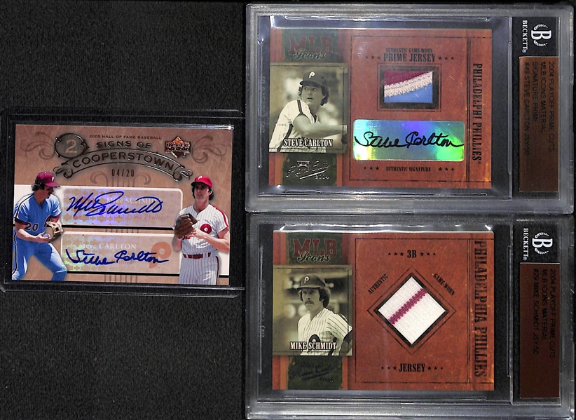 Upper Deck Schmidt/Carlton Dual Autograph Card (#4/20), Carlton Patch Autograph Card (#36/50), Schmidt Jersey Card (#45/50)