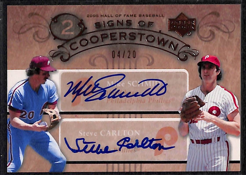 Upper Deck Schmidt/Carlton Dual Autograph Card (#4/20), Carlton Patch Autograph Card (#36/50), Schmidt Jersey Card (#45/50)