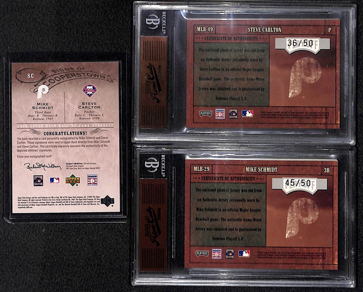 Upper Deck Schmidt/Carlton Dual Autograph Card (#4/20), Carlton Patch Autograph Card (#36/50), Schmidt Jersey Card (#45/50)