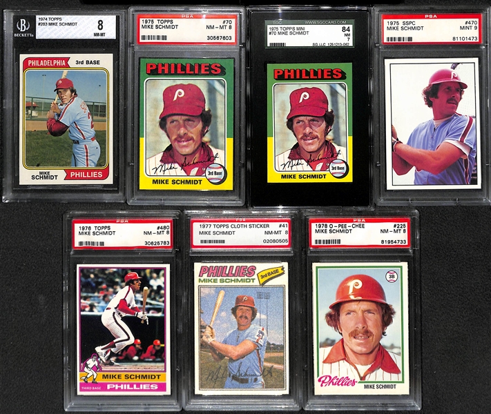 7-Card Mike Schmidt Graded Card Lot w. 1974 BVG 8, 1975 PSA 8, 1975 Topps Mini SGC 7, 1975 SSPC PSA 9, 1976 PSA 8, +