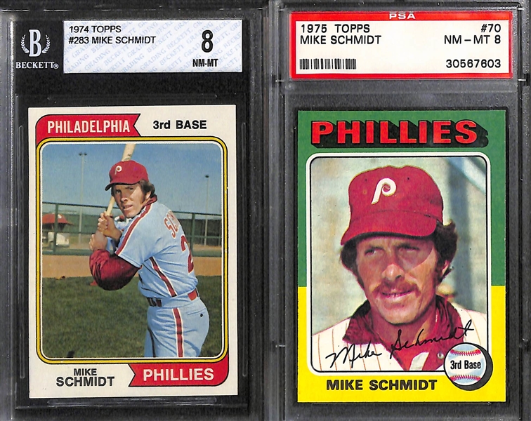 7-Card Mike Schmidt Graded Card Lot w. 1974 BVG 8, 1975 PSA 8, 1975 Topps Mini SGC 7, 1975 SSPC PSA 9, 1976 PSA 8, +