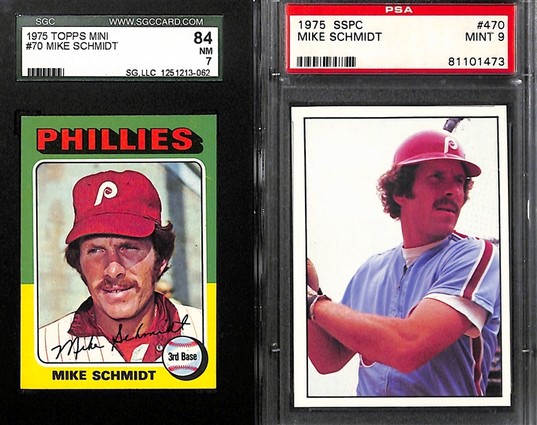 7-Card Mike Schmidt Graded Card Lot w. 1974 BVG 8, 1975 PSA 8, 1975 Topps Mini SGC 7, 1975 SSPC PSA 9, 1976 PSA 8, +