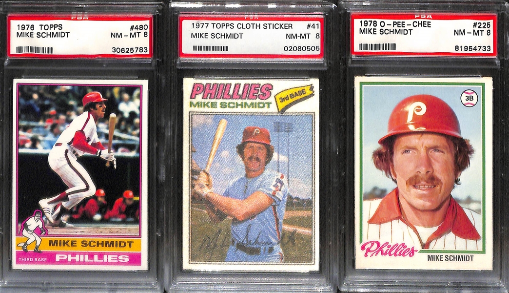 7-Card Mike Schmidt Graded Card Lot w. 1974 BVG 8, 1975 PSA 8, 1975 Topps Mini SGC 7, 1975 SSPC PSA 9, 1976 PSA 8, +