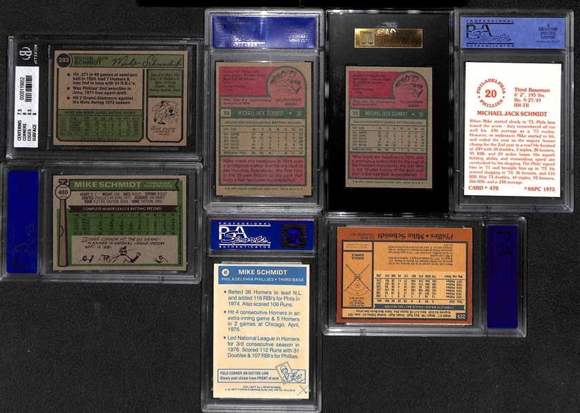 7-Card Mike Schmidt Graded Card Lot w. 1974 BVG 8, 1975 PSA 8, 1975 Topps Mini SGC 7, 1975 SSPC PSA 9, 1976 PSA 8, +