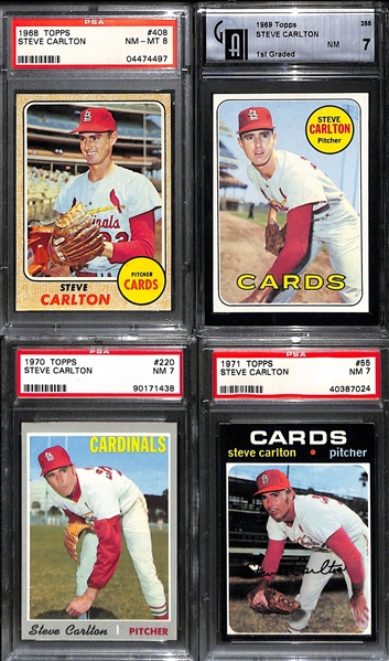 Steve Carlton 4-Card Graded Lot - 1968 PSA 8, 1969 GAI 7,  1970 PSA 7, and 1971 PSA 7.