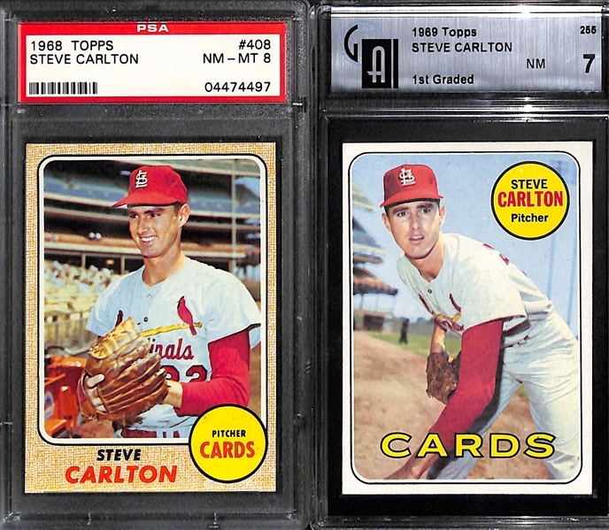 Steve Carlton 4-Card Graded Lot - 1968 PSA 8, 1969 GAI 7,  1970 PSA 7, and 1971 PSA 7.