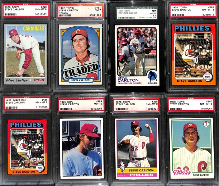 Steve Carlton 8-Card Graded Lot - w. 1970 PSA 8