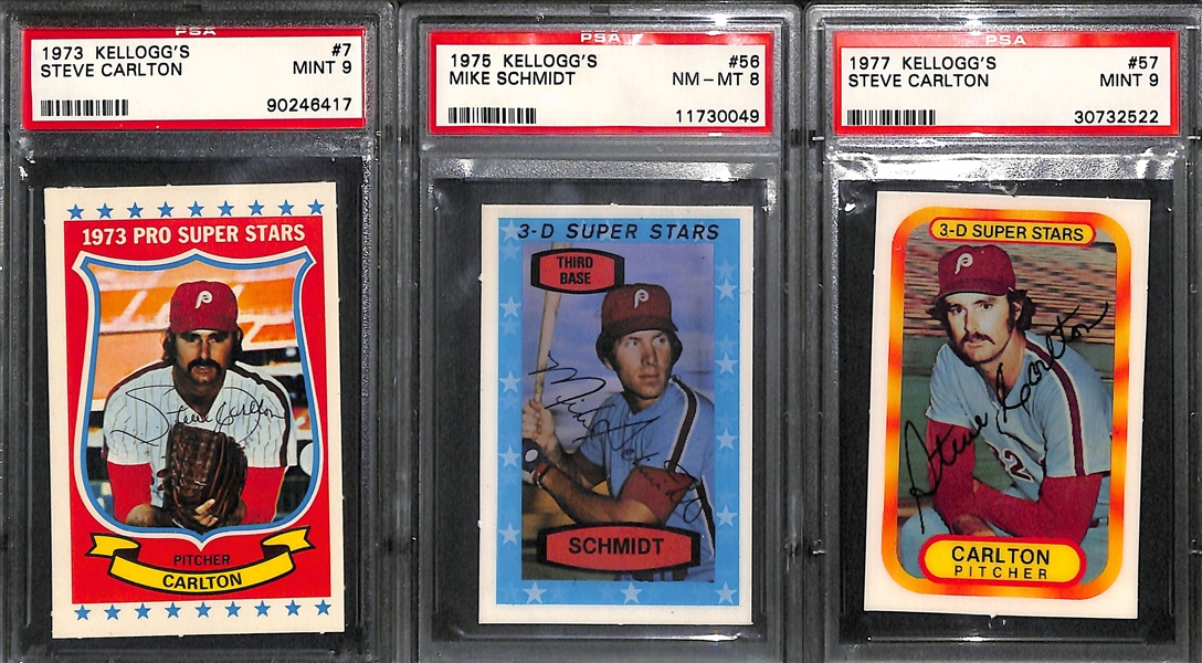 (9) Mike Schmidt and Steve Carlton Graded Kellogg's Cards w. 1975 Schmidt PSA 8 and 1973 Carlton PSA 9