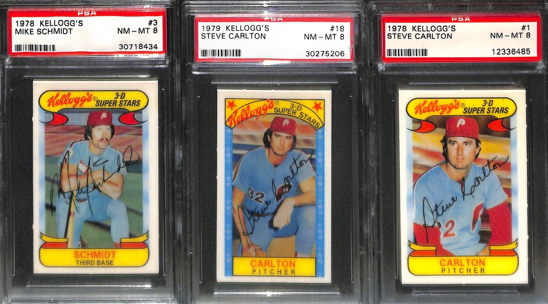 (9) Mike Schmidt and Steve Carlton Graded Kellogg's Cards w. 1975 Schmidt PSA 8 and 1973 Carlton PSA 9