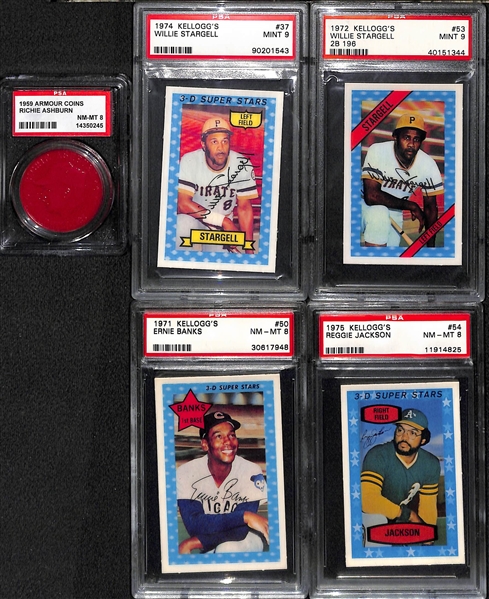 Ashburn 1959 Armour Coin (PSA 8) and (4) Kellogg's Graded Cards (1971 Banks PSA 8, 1972 Stargell PSA 9, 1974 Stargell PSA 9, 1975 Jackson PSA 8)