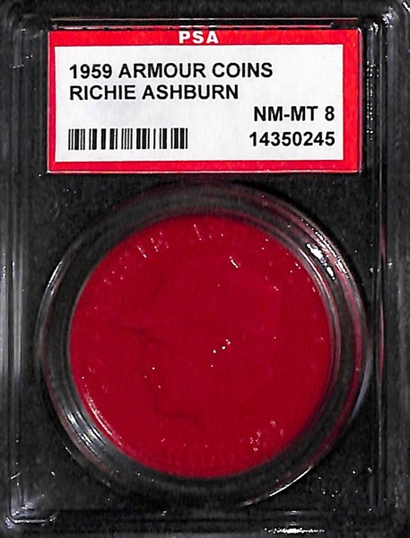 Ashburn 1959 Armour Coin (PSA 8) and (4) Kellogg's Graded Cards (1971 Banks PSA 8, 1972 Stargell PSA 9, 1974 Stargell PSA 9, 1975 Jackson PSA 8)