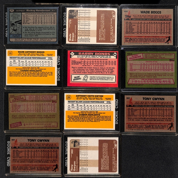 Lot of (11) 1980s Baseball Rookie Cards - Henderson, Boggs, Gwynn, McGwire, Bonds, and Clemens