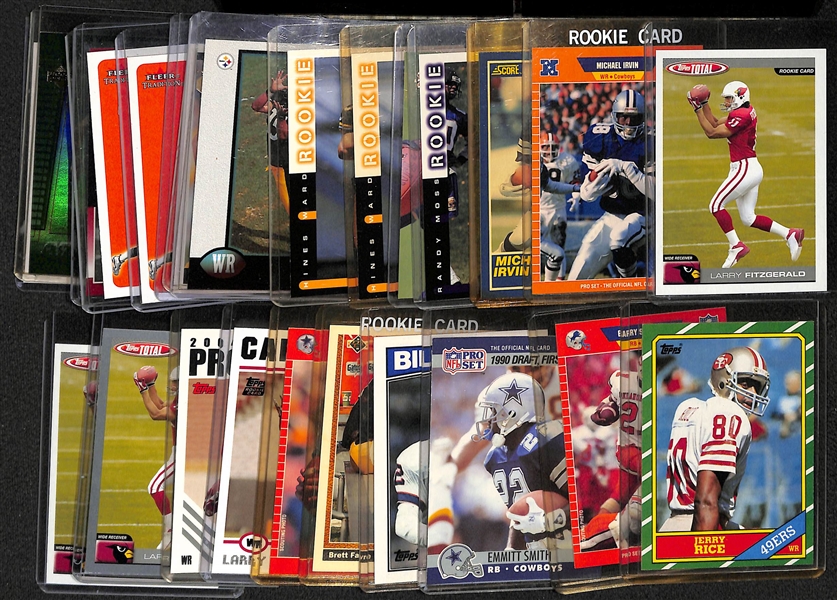 Lot of (25) Football Rookie Cards w. Rice, Favre, E. Smith, B. Sanders, Aikman, Moss, Fitzgerald, Irvin, +