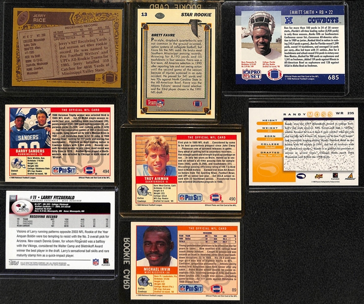 Lot of (25) Football Rookie Cards w. Rice, Favre, E. Smith, B. Sanders, Aikman, Moss, Fitzgerald, Irvin, +