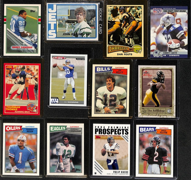 Lot of (18) Football RB and QB Rookies - B. Sanders, Riggins, Fouts, E. Smith, T. Thomas, E. Manning, Kelly, Roethlisberger, Moon, Favre, Cunningham, Rivers, Flutie