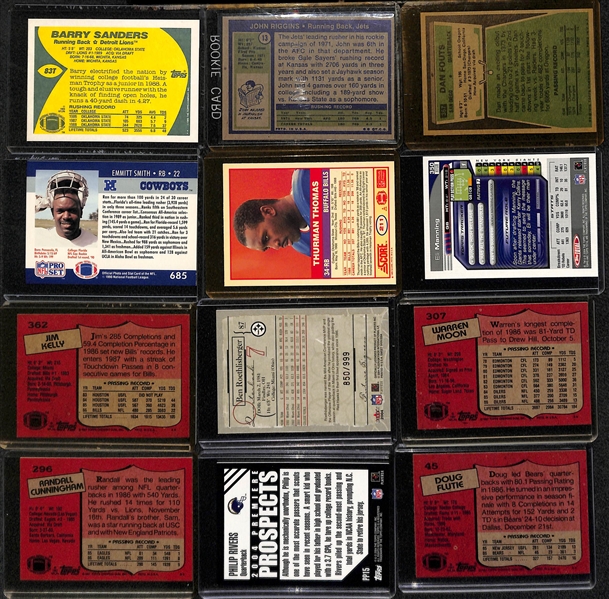 Lot of (18) Football RB and QB Rookies - B. Sanders, Riggins, Fouts, E. Smith, T. Thomas, E. Manning, Kelly, Roethlisberger, Moon, Favre, Cunningham, Rivers, Flutie