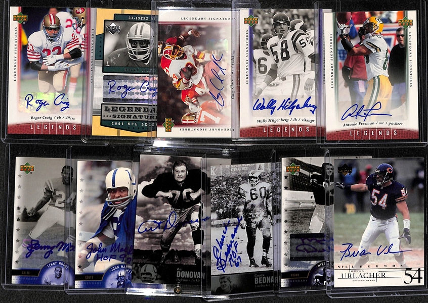 Lot of (11) UD Legends Football Autograph Cards w. Ditka, Urlacher, Bednarik, Art Donovan, Mackey, Moore, Clark, Craig, +