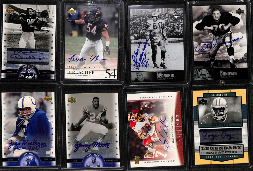 Lot of (11) UD Legends Football Autograph Cards w. Ditka, Urlacher, Bednarik, Art Donovan, Mackey, Moore, Clark, Craig, +