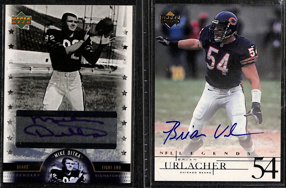 Lot of (11) UD Legends Football Autograph Cards w. Ditka, Urlacher, Bednarik, Art Donovan, Mackey, Moore, Clark, Craig, +