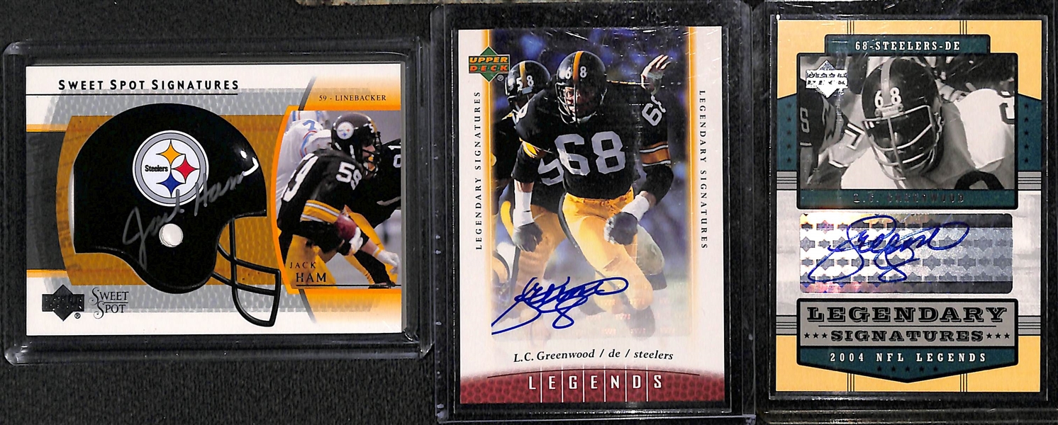 Lot of (11) Steelers Autograph Cards w. (2) LC Greenwood, Ham, Blount, (2) A. Russell, Shell, Bleier, Lipps, Jefferson, and Heath Millier