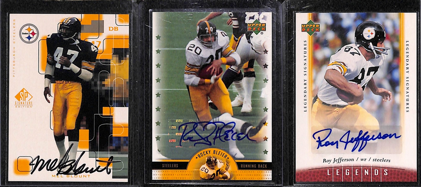 Lot of (11) Steelers Autograph Cards w. (2) LC Greenwood, Ham, Blount, (2) A. Russell, Shell, Bleier, Lipps, Jefferson, and Heath Millier