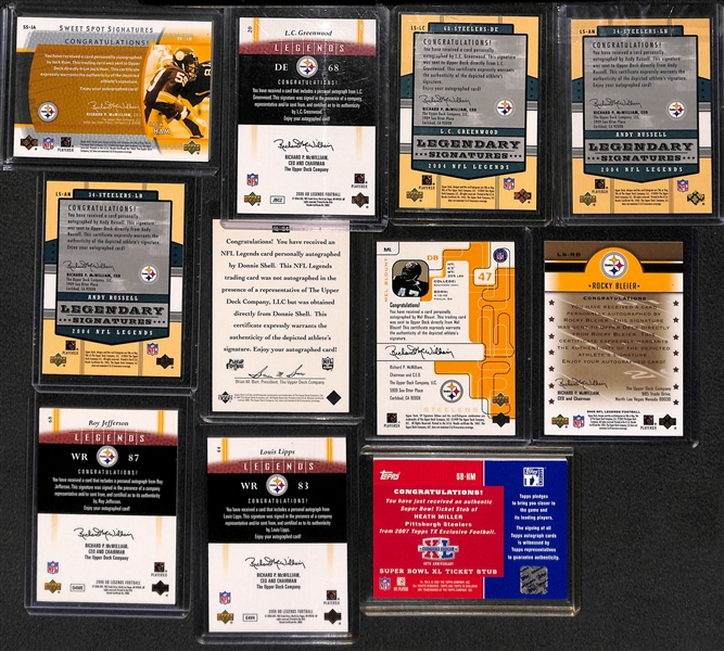 Lot of (11) Steelers Autograph Cards w. (2) LC Greenwood, Ham, Blount, (2) A. Russell, Shell, Bleier, Lipps, Jefferson, and Heath Millier