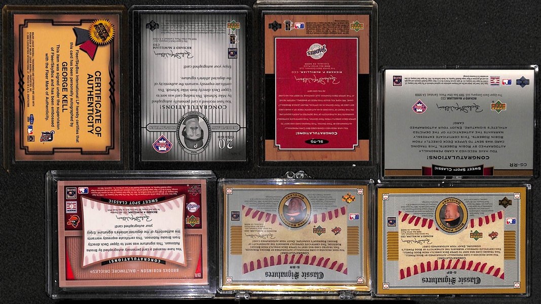 Lot of (7) Baseball Certified Autograph Cards w. Boog Powell and 6 HOFers (Gwynn, Schmidt, Kell, 2 Brooks Robinson, Robin Roberts)