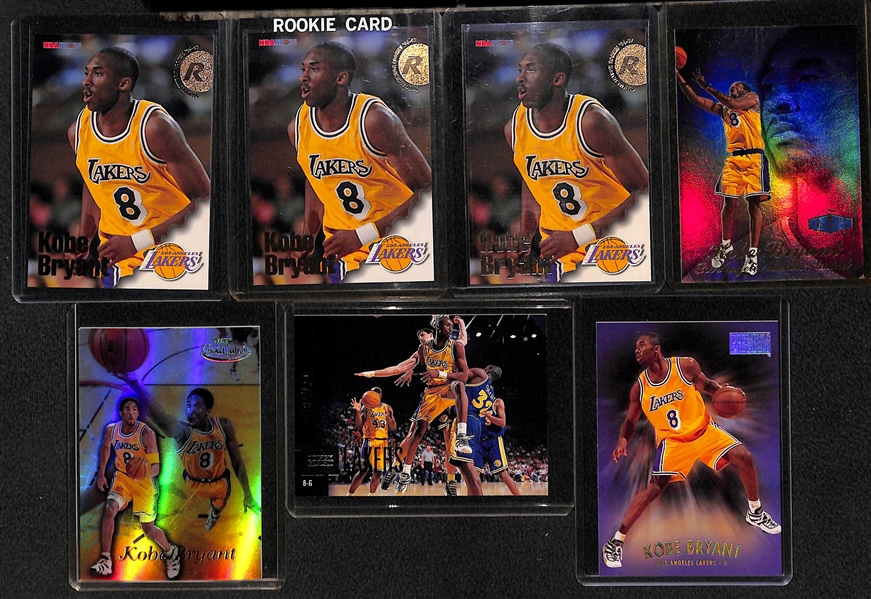 Lot of (7) Kobe Bryant Cards Inc. 3 NBA Hoops 1996 Rookie Cards (Card #281)