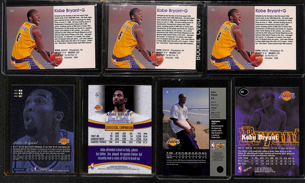 Lot of (7) Kobe Bryant Cards Inc. 3 NBA Hoops 1996 Rookie Cards (Card #281)