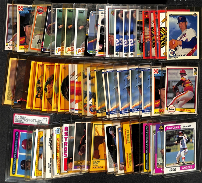 Lot of 56 Nolan Ryan Cards w. 1974 Topps, 1975 Topps, and (2) 1975 Topps SO Leaders (One Graded PSA 8)
