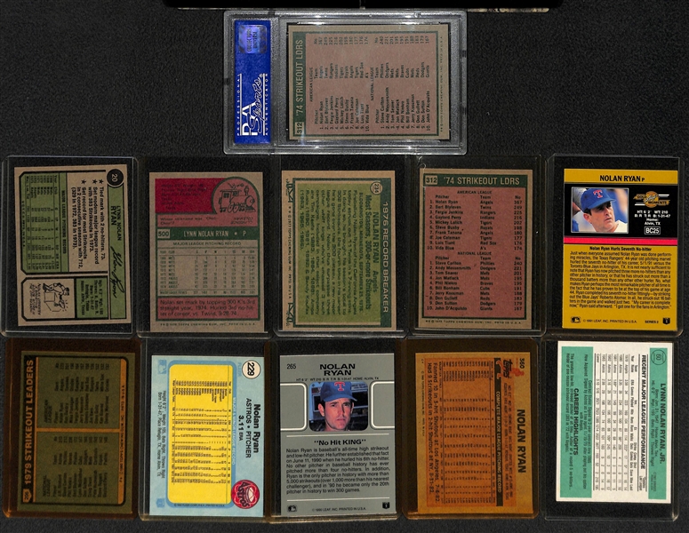 Lot of 56 Nolan Ryan Cards w. 1974 Topps, 1975 Topps, and (2) 1975 Topps SO Leaders (One Graded PSA 8)