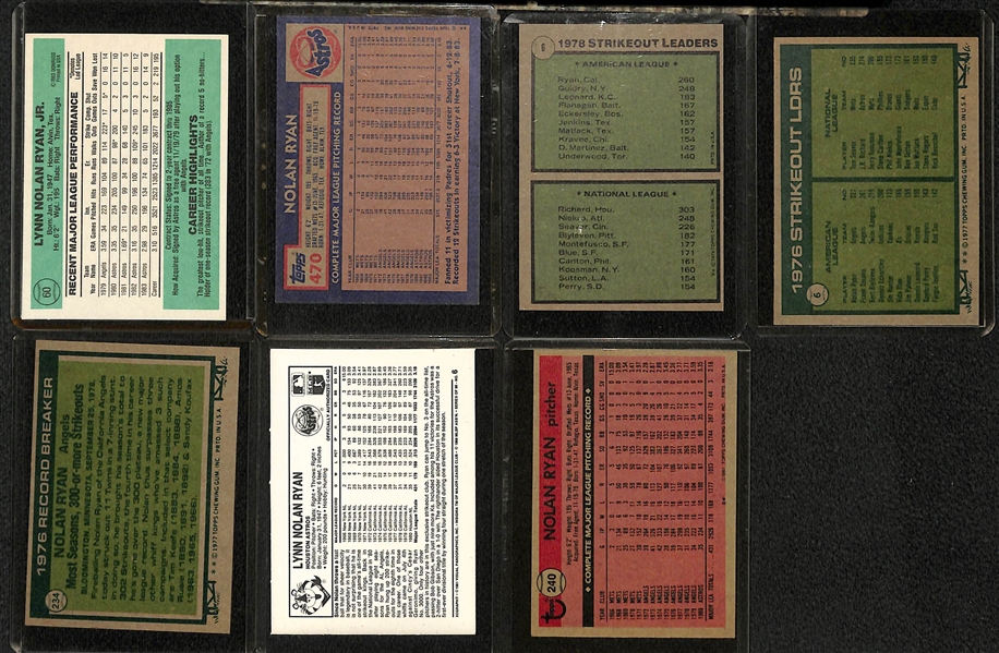 Lot of 56 Nolan Ryan Cards w. 1974 Topps, 1975 Topps, and (2) 1975 Topps SO Leaders (One Graded PSA 8)