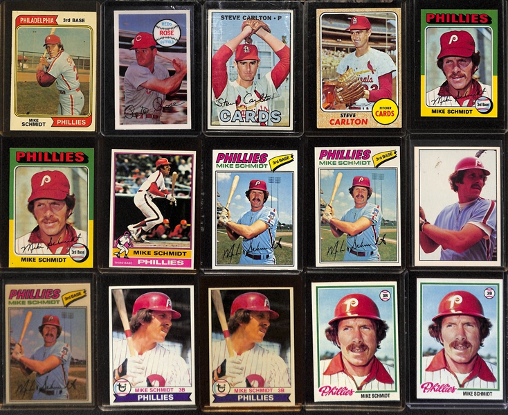 30 Card Mike Schmidt, Steve Carlton & Pete Rose Lot w. 1974 Schmidt, 1970 Kellogg's Rose, 1967 &1968 Topps Carlton