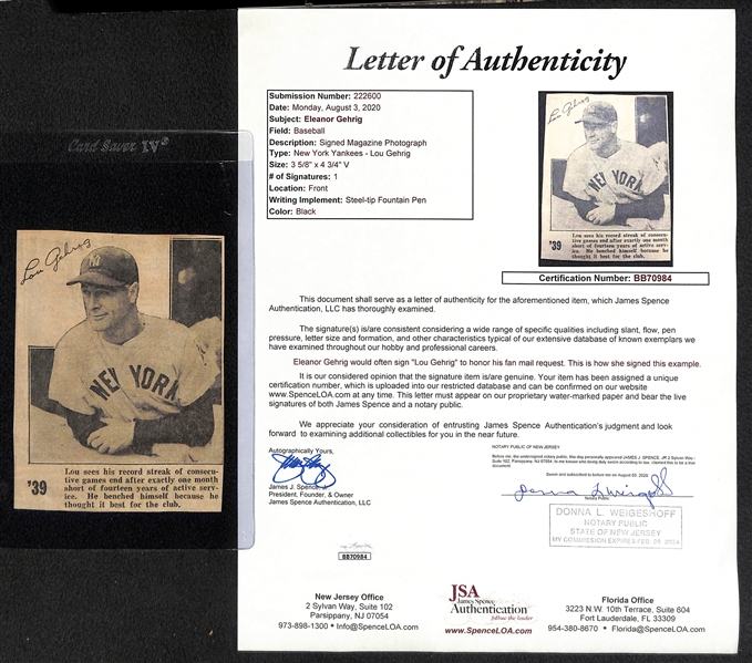 Eleanor Gehrig Penned Lou Gehrig Newspaper Clip (JSA LOA Indicates Mrs. Gehrig Signed Lou's Name)