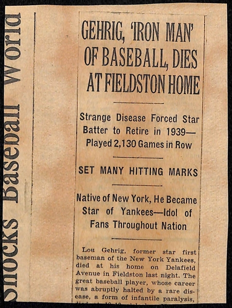 Eleanor Gehrig Penned Lou Gehrig Newspaper Clip (JSA LOA Indicates Mrs. Gehrig Signed Lou's Name)
