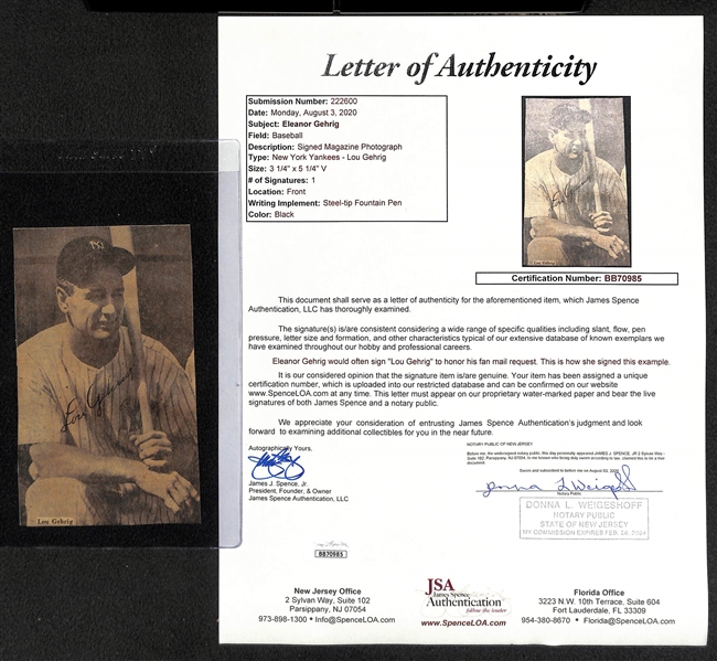 Eleanor Gehrig Penned Lou Gehrig Newspaper Clip (JSA LOA Indicates Mrs. Gehrig Signed Lou's Name)