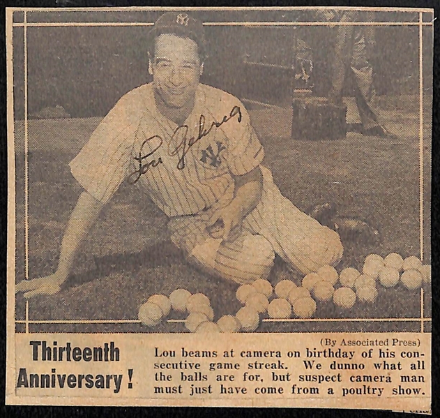 Eleanor Gehrig Penned Lou Gehrig Newspaper Clip (JSA LOA Indicates Mrs. Gehrig Signed Lou's Name)
