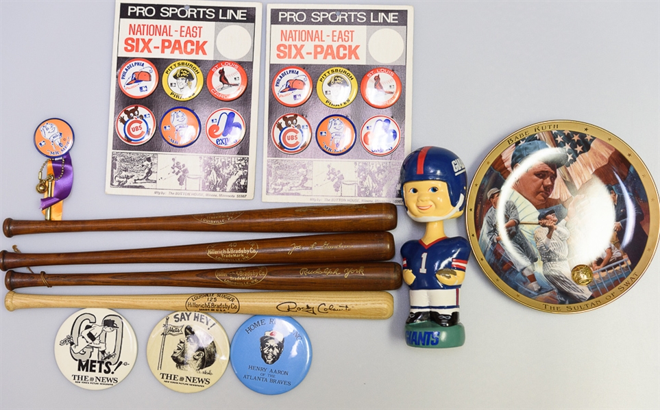 Assorted Sports Pin, Plates & Mini Bats Lot w. Lou Boudreau Mini Bat