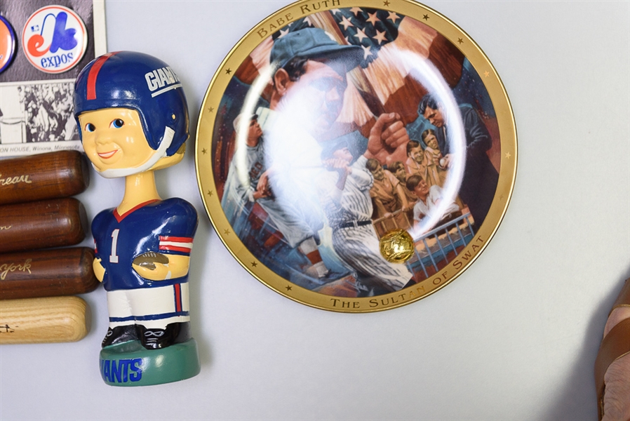 Assorted Sports Pin, Plates & Mini Bats Lot w. Lou Boudreau Mini Bat