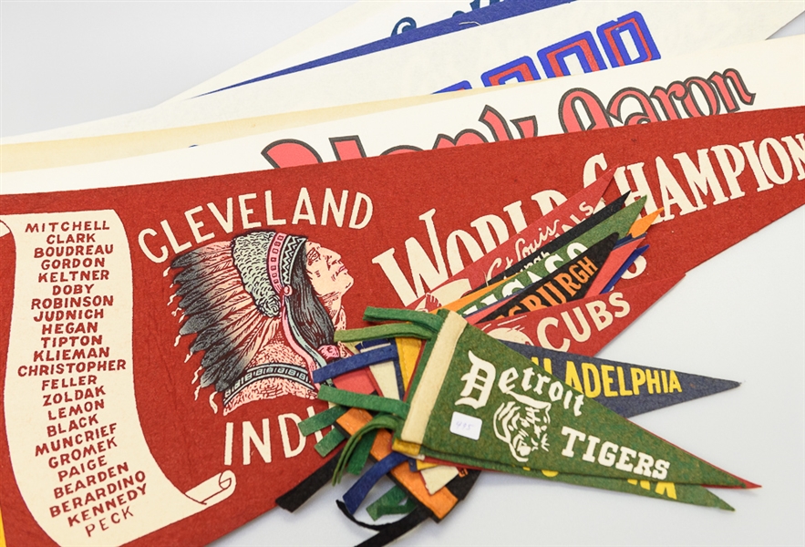 Lot of 22 Large & Mini Baseball Pennants w. 1948 Cleveland Indians World Champions Pennant