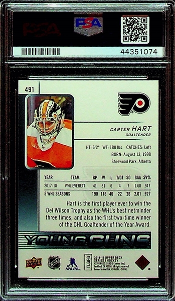 2018 Upper Deck Young Guns Carter Hart Rookie Card #491 Graded PSA 10 Gem Mint